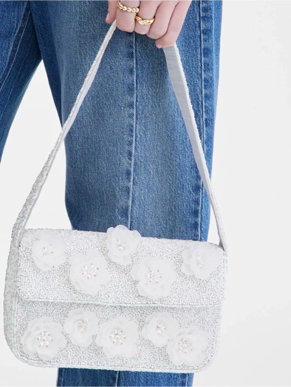 On 34th Beaded Pearls Purse White 3D Flowers Floral Bridal NWT $109.50 Bag